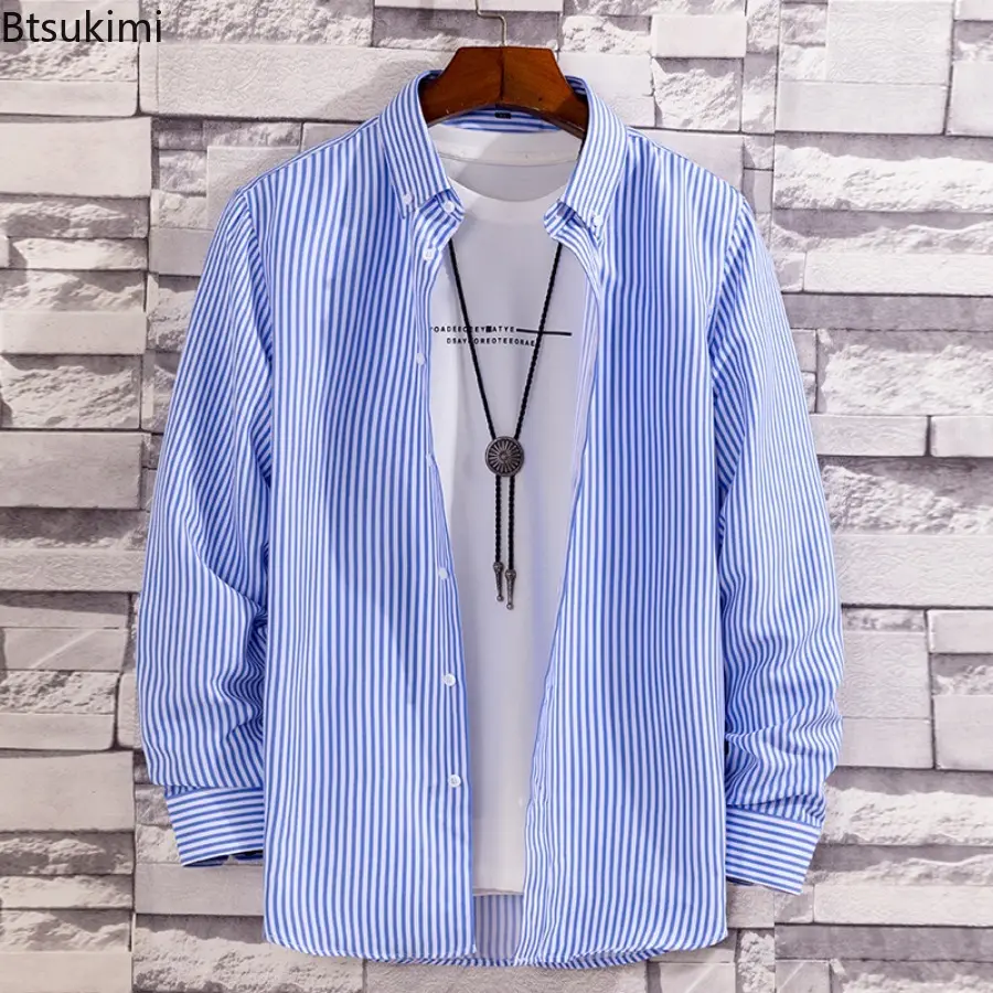 New 2024 Men's Striped Long-sleeved Loose Casual Shirts Fashion All-match Handsome Shirt Coats Male Chic Daily Wear Blouse Tops