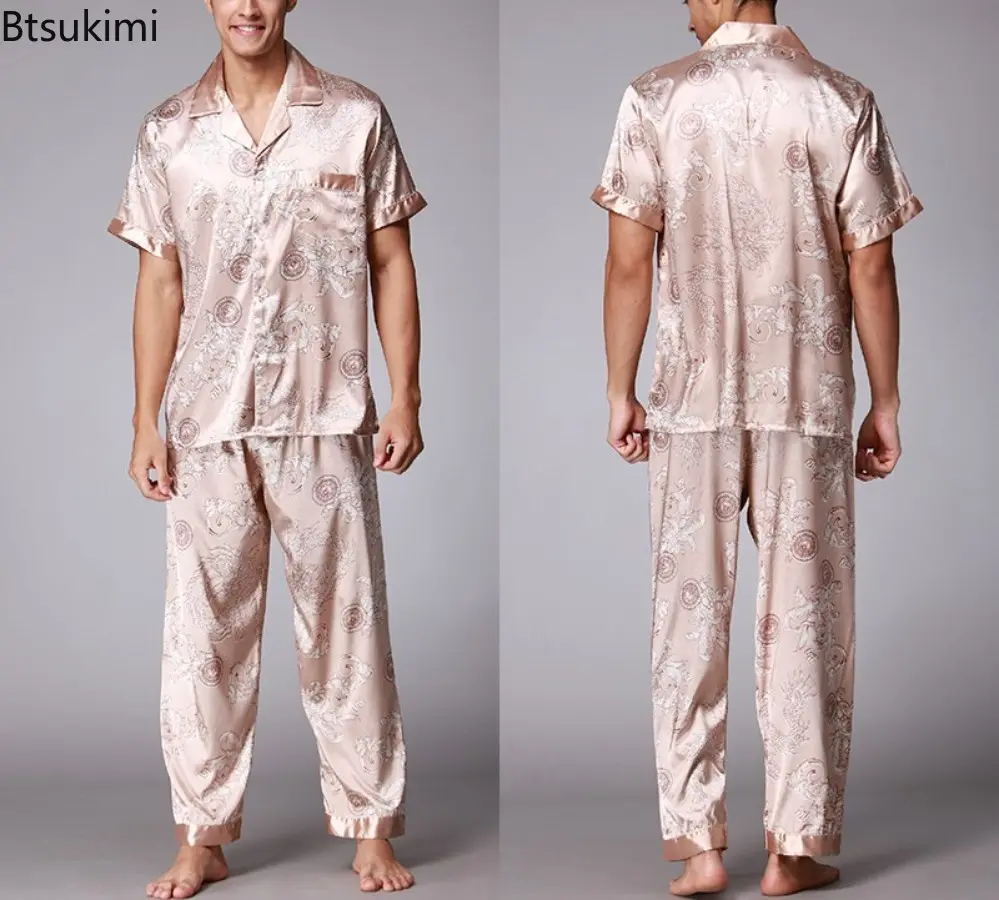 2025 Spring Summer Loungewear Short Sleeves Long Pants Pajama Set Men Printed Satin Silk Pyjamas Male Pajamas Household Clothes