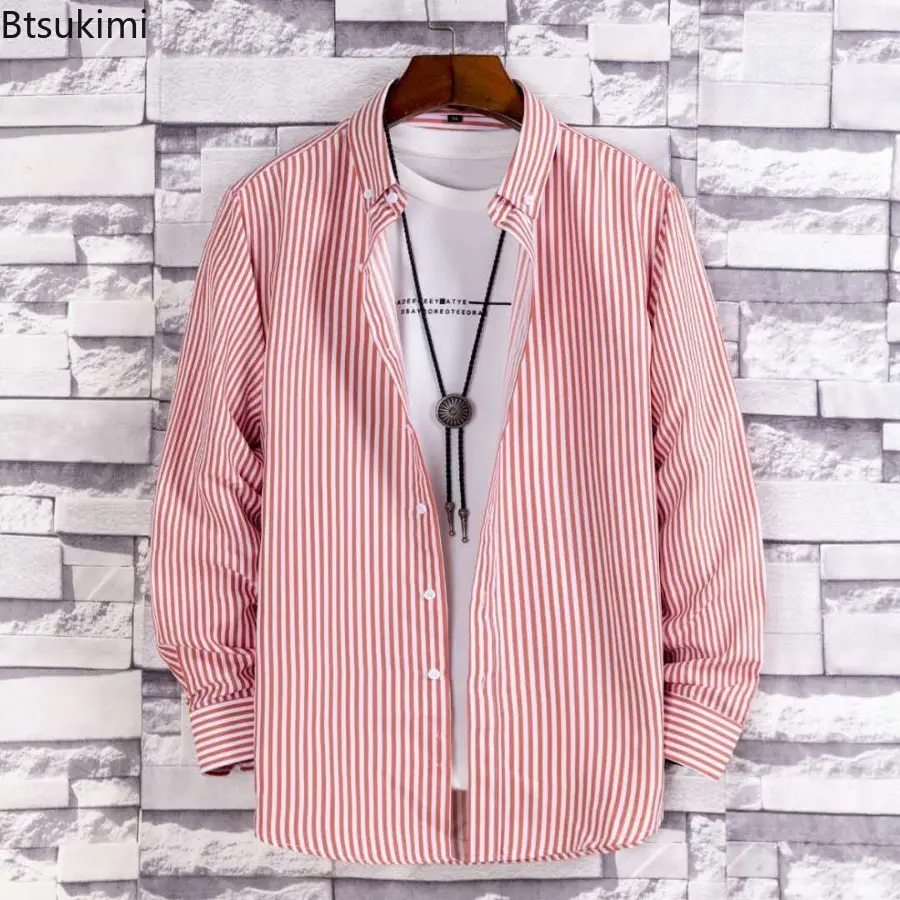 New 2024 Men's Striped Long-sleeved Loose Casual Shirts Fashion All-match Handsome Shirt Coats Male Chic Daily Wear Blouse Tops