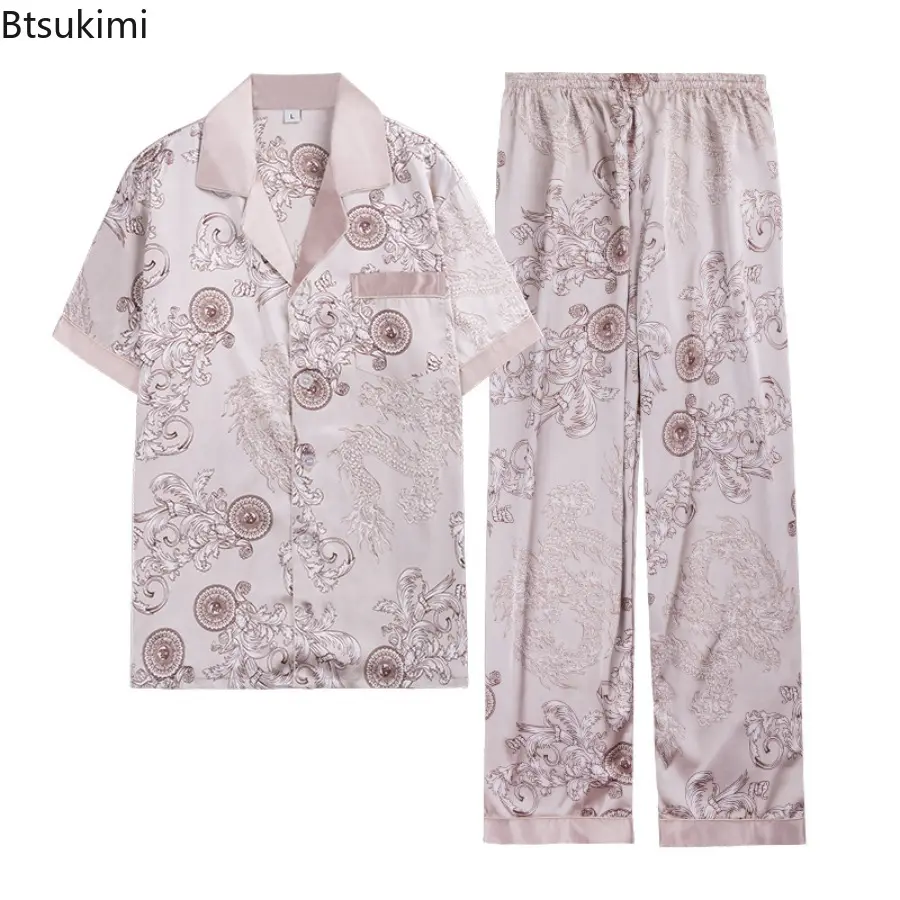 2025 Spring Summer Loungewear Short Sleeves Long Pants Pajama Set Men Printed Satin Silk Pyjamas Male Pajamas Household Clothes