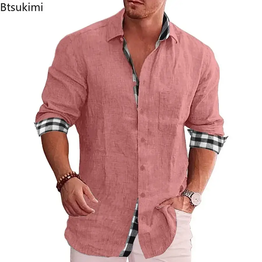 New Men's Casual Cotton Linen Shirt Fashion Splice Single Breasted Lapel Loose Blouse Man Long Sleeve Soft Breathable Shirt Tops