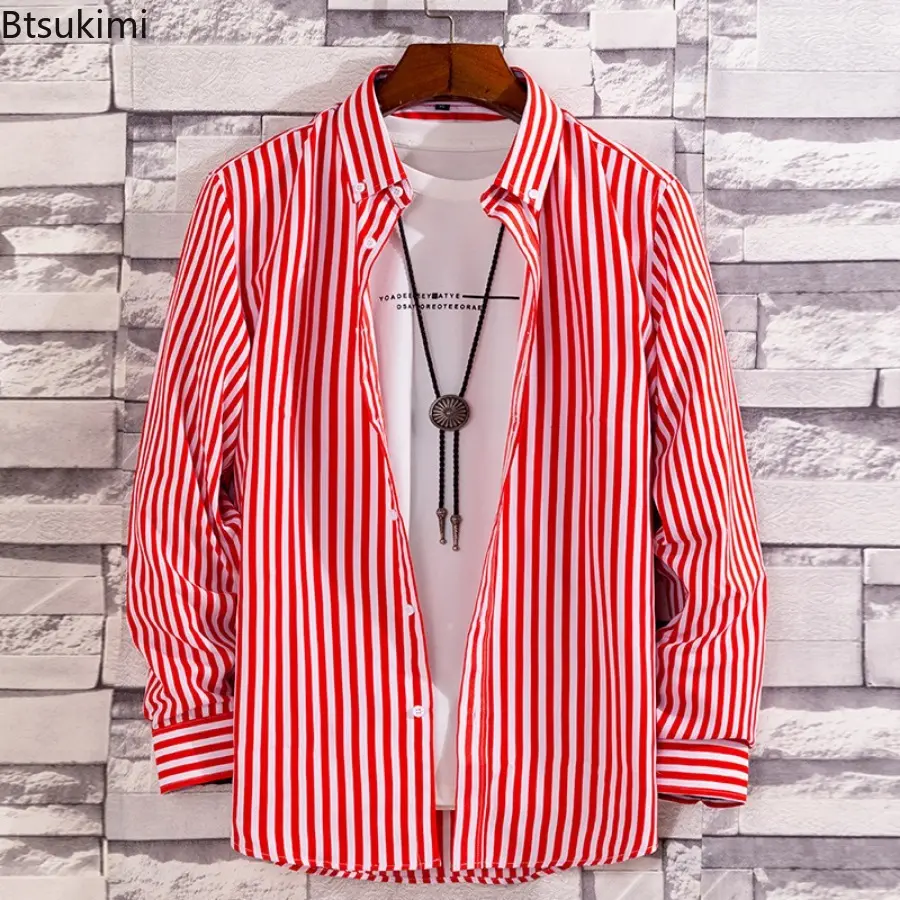 New 2024 Men's Striped Long-sleeved Loose Casual Shirts Fashion All-match Handsome Shirt Coats Male Chic Daily Wear Blouse Tops