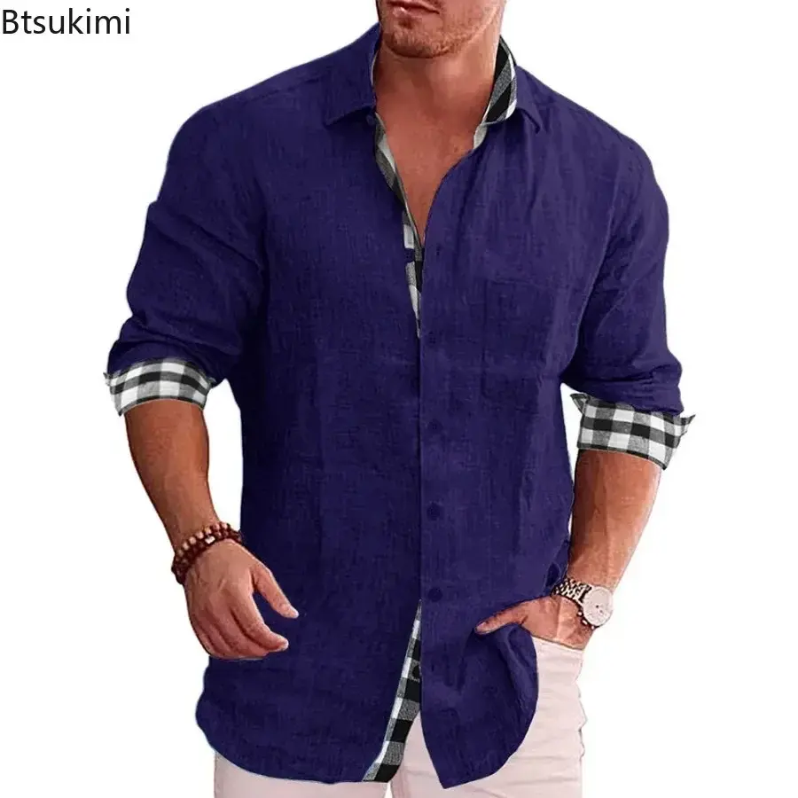 New Men's Casual Cotton Linen Shirt Fashion Splice Single Breasted Lapel Loose Blouse Man Long Sleeve Soft Breathable Shirt Tops