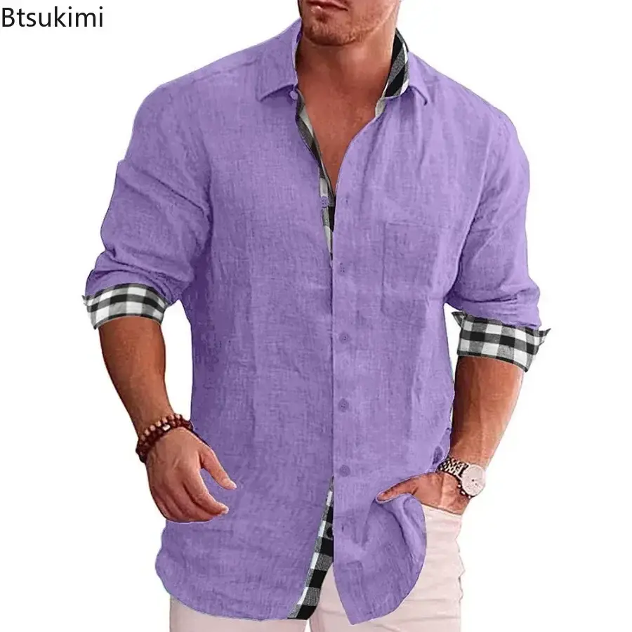 New Men's Casual Cotton Linen Shirt Fashion Splice Single Breasted Lapel Loose Blouse Man Long Sleeve Soft Breathable Shirt Tops