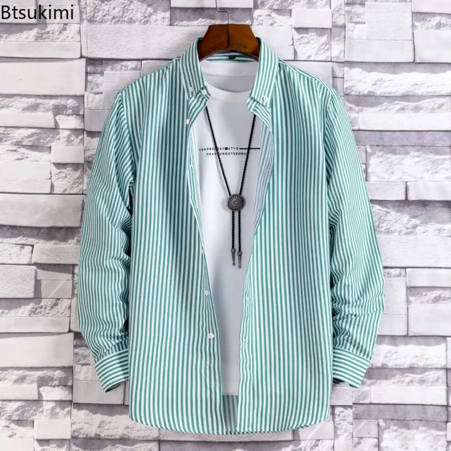 New 2024 Men's Striped Long-sleeved Loose Casual Shirts Fashion All-match Handsome Shirt Coats Male Chic Daily Wear Blouse Tops