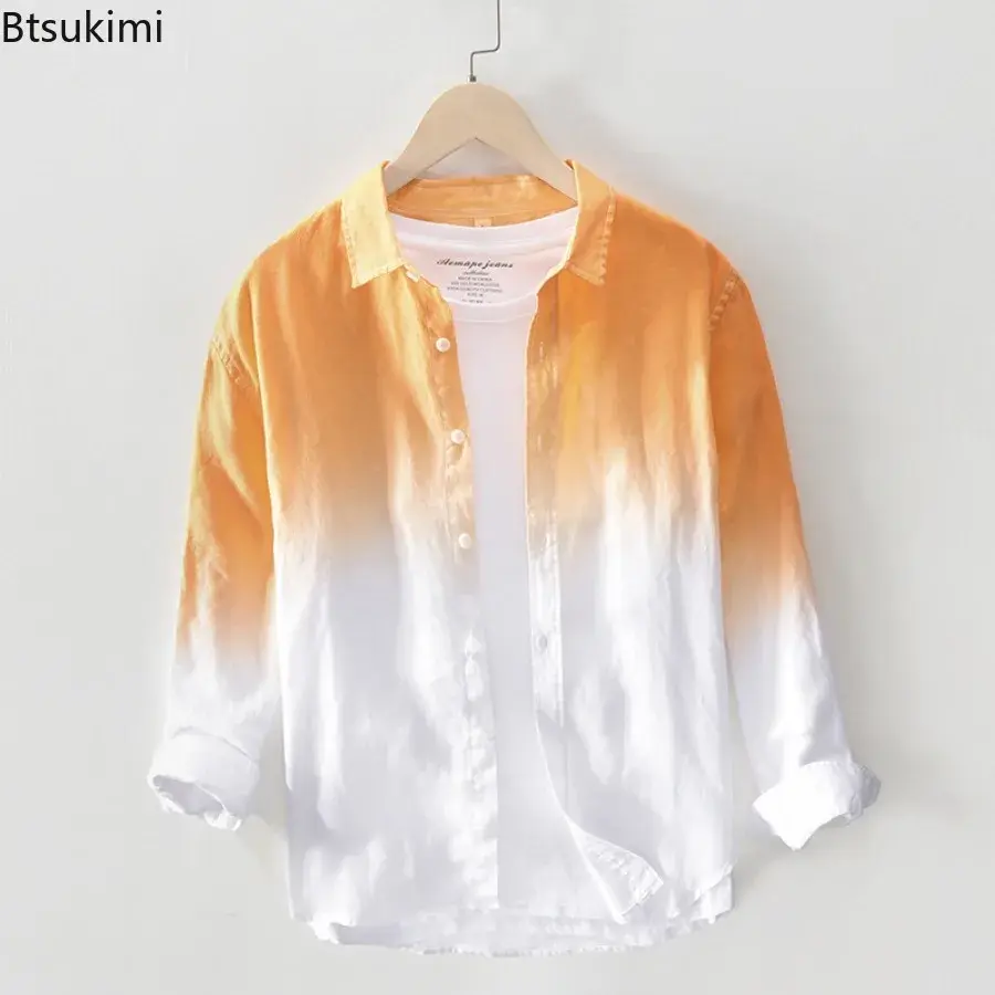 New 2025 Designer Long Sleeve Casual Shirts for Men Fashion Gradient Color 100% Pure Linen Loose Shirt Coats Men Handsome Blouse