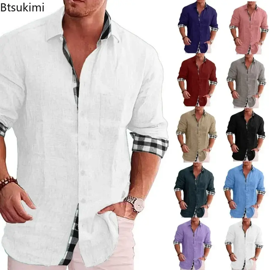 New Men's Casual Cotton Linen Shirt Fashion Splice Single Breasted Lapel Loose Blouse Man Long Sleeve Soft Breathable Shirt Tops