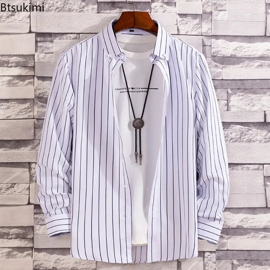 New 2024 Men's Striped Long-sleeved Loose Casual Shirts Fashion All-match Handsome Shirt Coats Male Chic Daily Wear Blouse Tops