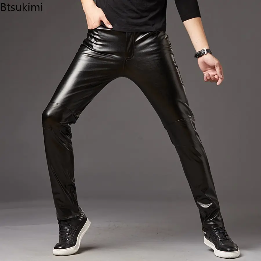 2025 Autumn/Winter Men's Shiny Leather Pants Korean Slim Fit Pencil Pants Stage Performance Men's Motorcycle Shiny Leather Pants