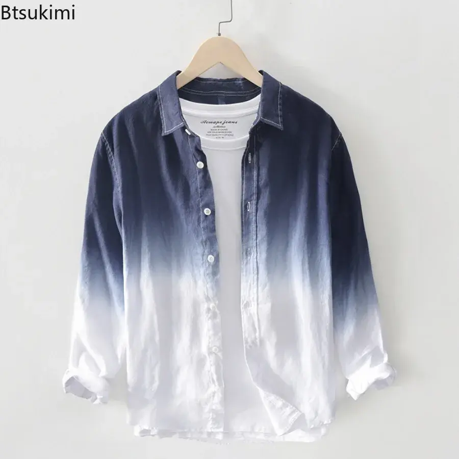 New 2025 Designer Long Sleeve Casual Shirts for Men Fashion Gradient Color 100% Pure Linen Loose Shirt Coats Men Handsome Blouse