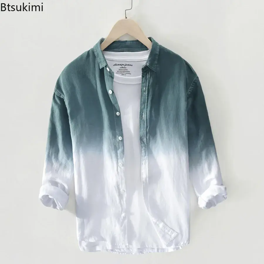 New 2025 Designer Long Sleeve Casual Shirts for Men Fashion Gradient Color 100% Pure Linen Loose Shirt Coats Men Handsome Blouse