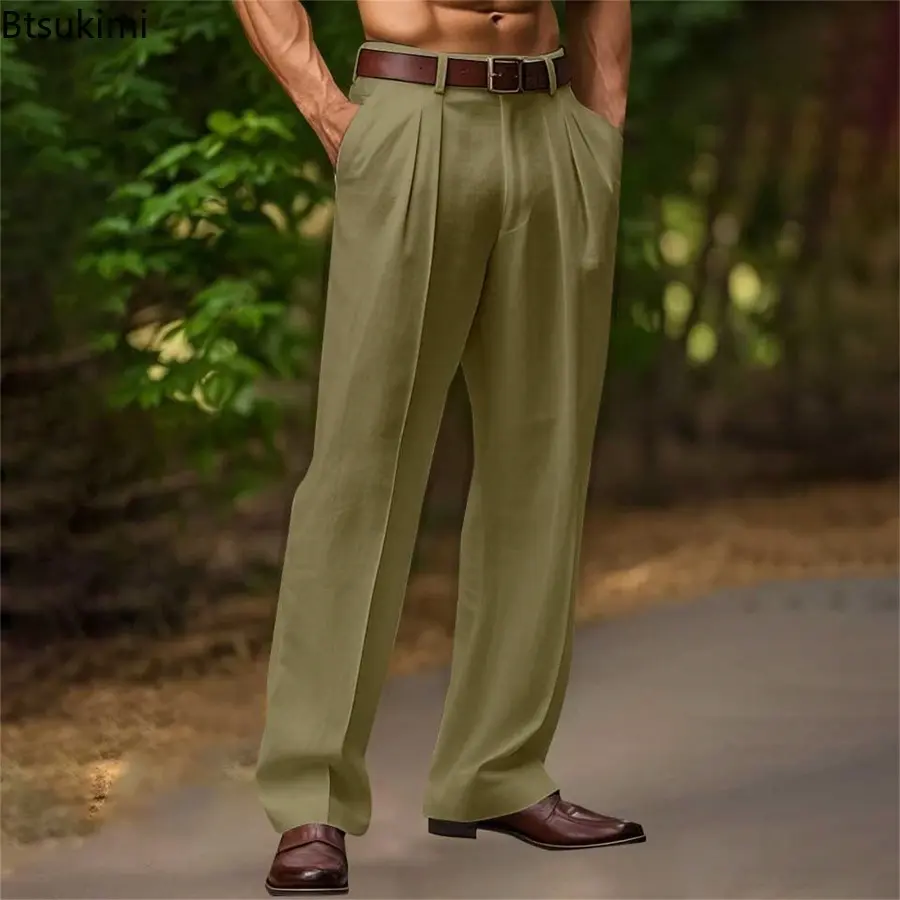 2025 Summer New Men Linen Straight Pants Solid Color Comfortable Breathable Loose Trousers Fashion Casual Daily Versatile Pants