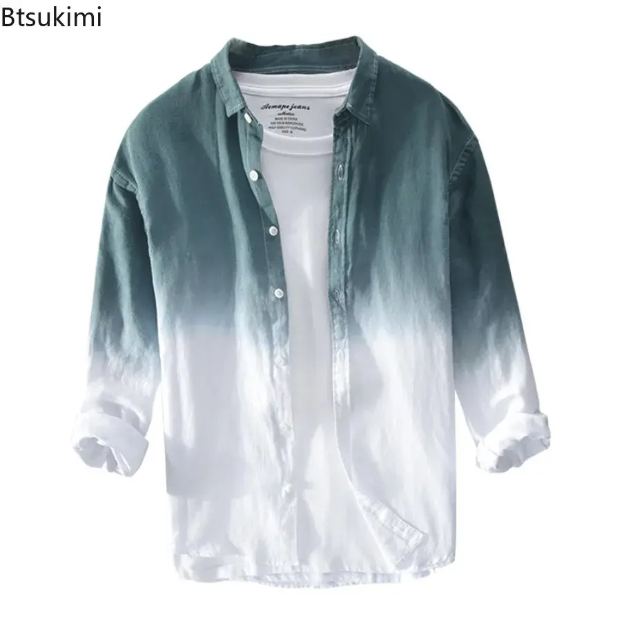 New 2025 Designer Long Sleeve Casual Shirts for Men Fashion Gradient Color 100% Pure Linen Loose Shirt Coats Men Handsome Blouse