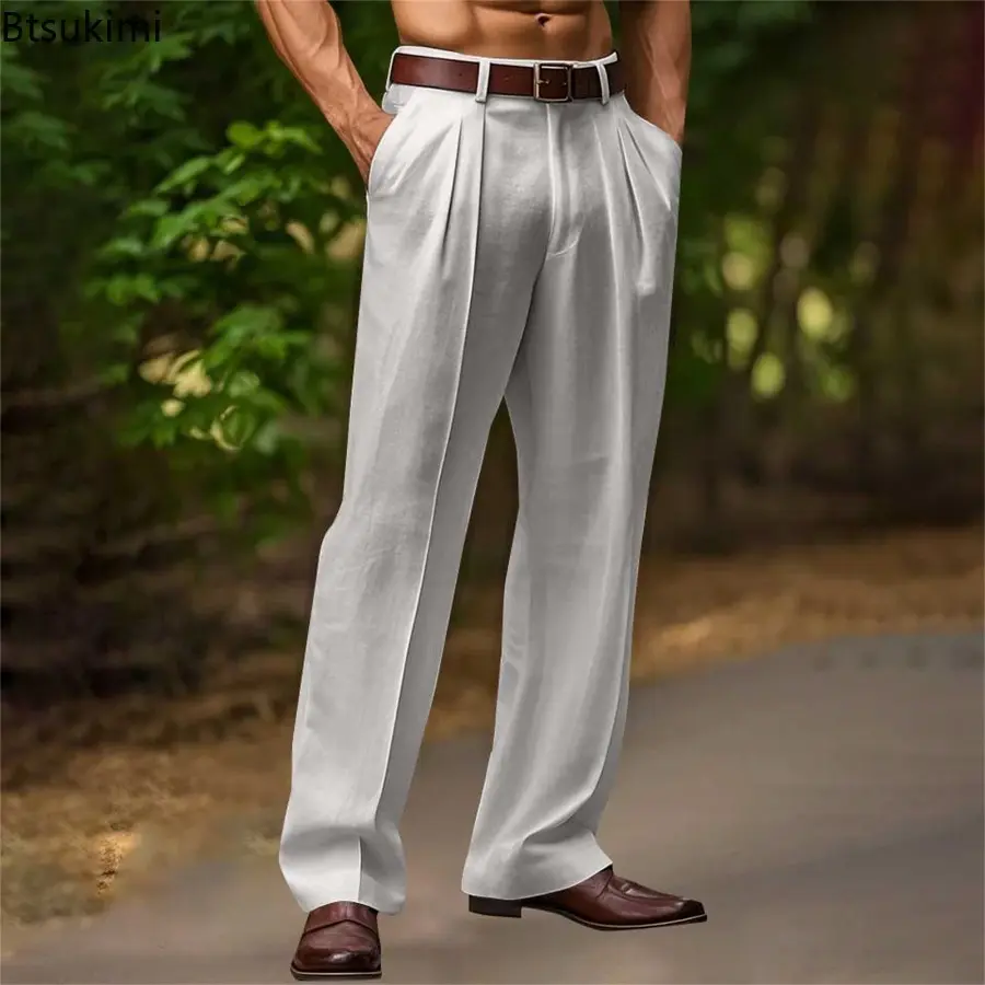 2025 Summer New Men Linen Straight Pants Solid Color Comfortable Breathable Loose Trousers Fashion Casual Daily Versatile Pants