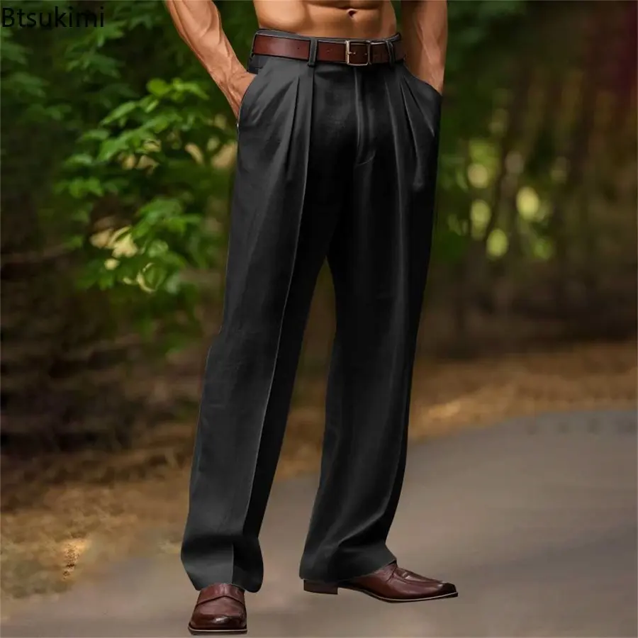 2025 Summer New Men Linen Straight Pants Solid Color Comfortable Breathable Loose Trousers Fashion Casual Daily Versatile Pants