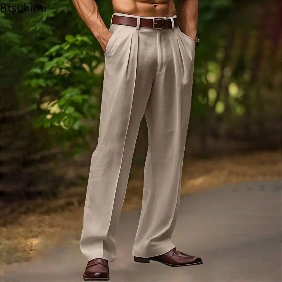 2025 Summer New Men Linen Straight Pants Solid Color Comfortable Breathable Loose Trousers Fashion Casual Daily Versatile Pants
