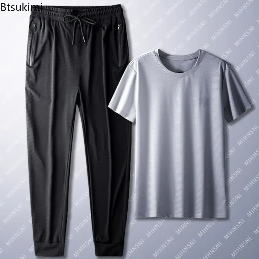 Summer Sports Suit Men's Trendy Short Sleeved Pants Two-piece Set Solid Color Casual Ice Silk Mesh Air-conditioned Pants for Men