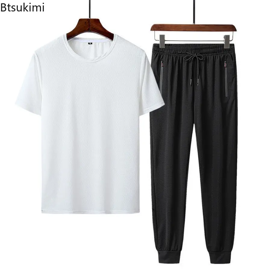 Summer Sports Suit Men's Trendy Short Sleeved Pants Two-piece Set Solid Color Casual Ice Silk Mesh Air-conditioned Pants for Men