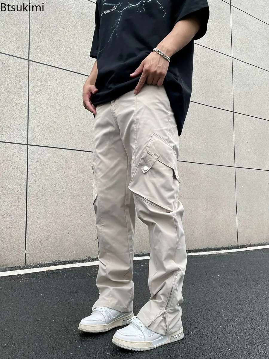 2025 Men's Zipper Loose-fit Straight-leg Casual Trousers American Style High Street Vibe Zip-up Cargo Pants Same Gender Design