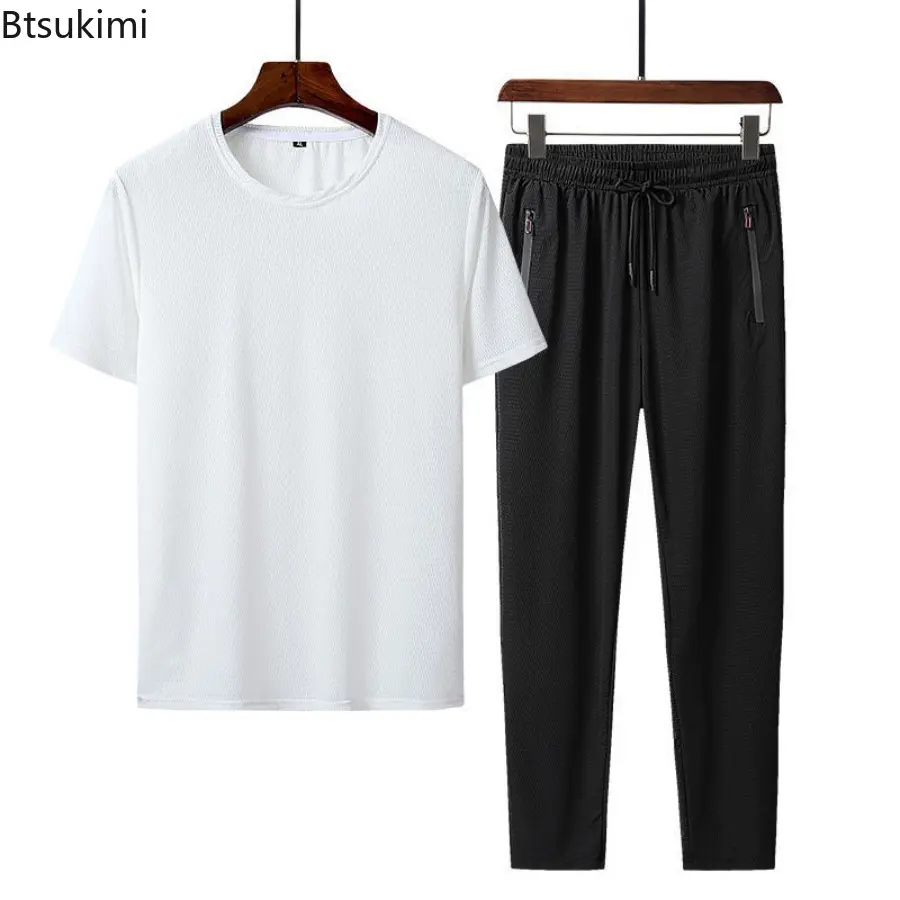 Summer Sports Suit Men's Trendy Short Sleeved Pants Two-piece Set Solid Color Casual Ice Silk Mesh Air-conditioned Pants for Men