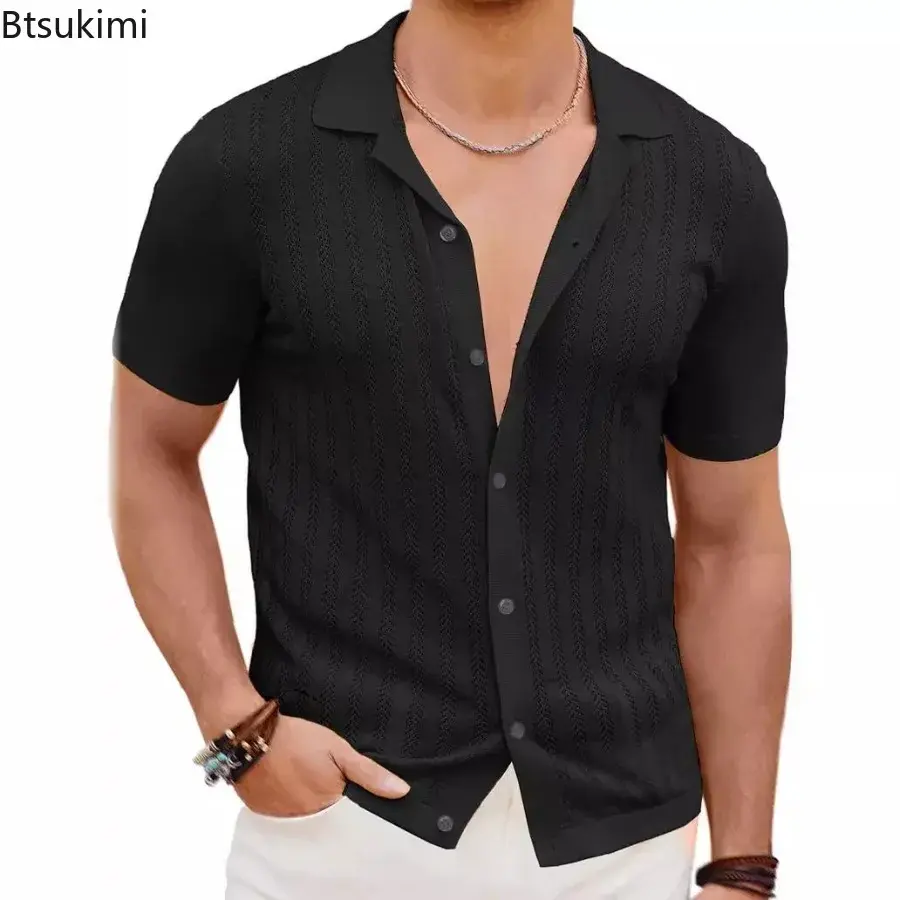 New 2025 Men's Casual Knitted Tops Summer Cool Short Sleeve Shirts Fashion Solid Hollow Out Breathable Cardigan Male Streetwear