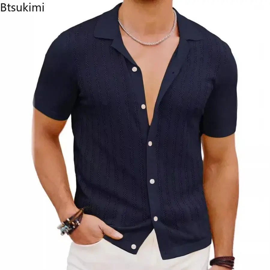 New 2025 Men's Casual Knitted Tops Summer Cool Short Sleeve Shirts Fashion Solid Hollow Out Breathable Cardigan Male Streetwear