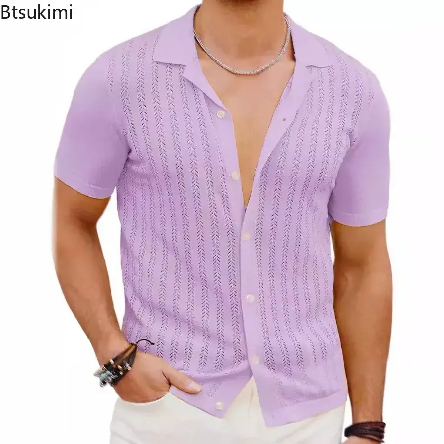 New 2025 Men's Casual Knitted Tops Summer Cool Short Sleeve Shirts Fashion Solid Hollow Out Breathable Cardigan Male Streetwear