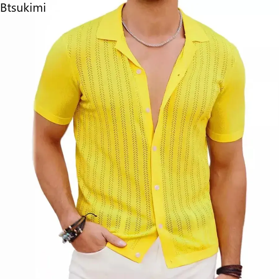 New 2025 Men's Casual Knitted Tops Summer Cool Short Sleeve Shirts Fashion Solid Hollow Out Breathable Cardigan Male Streetwear