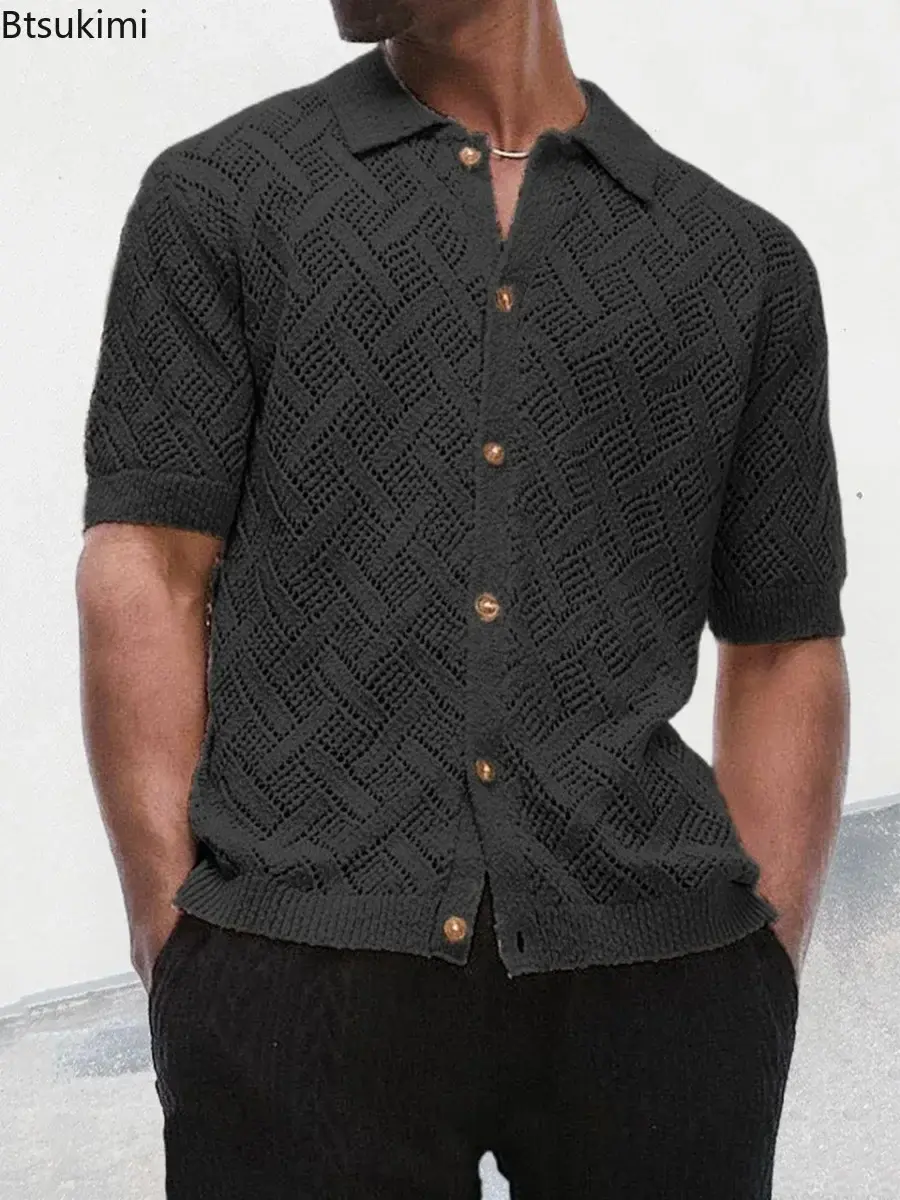 2025 Men's Summer Knitted Jacquard Hollow Out Polo Shirts Vintage Casual Loose Short Sleeve Lapel Cardigan Tops Male Knit Shirts