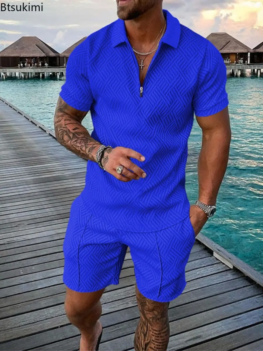 2025 Fashion Men Clothing Summer Casual Two-piece Sets Printing Solid Color Half Zipper Polo Shirt and Shorts Men's Sport Suits