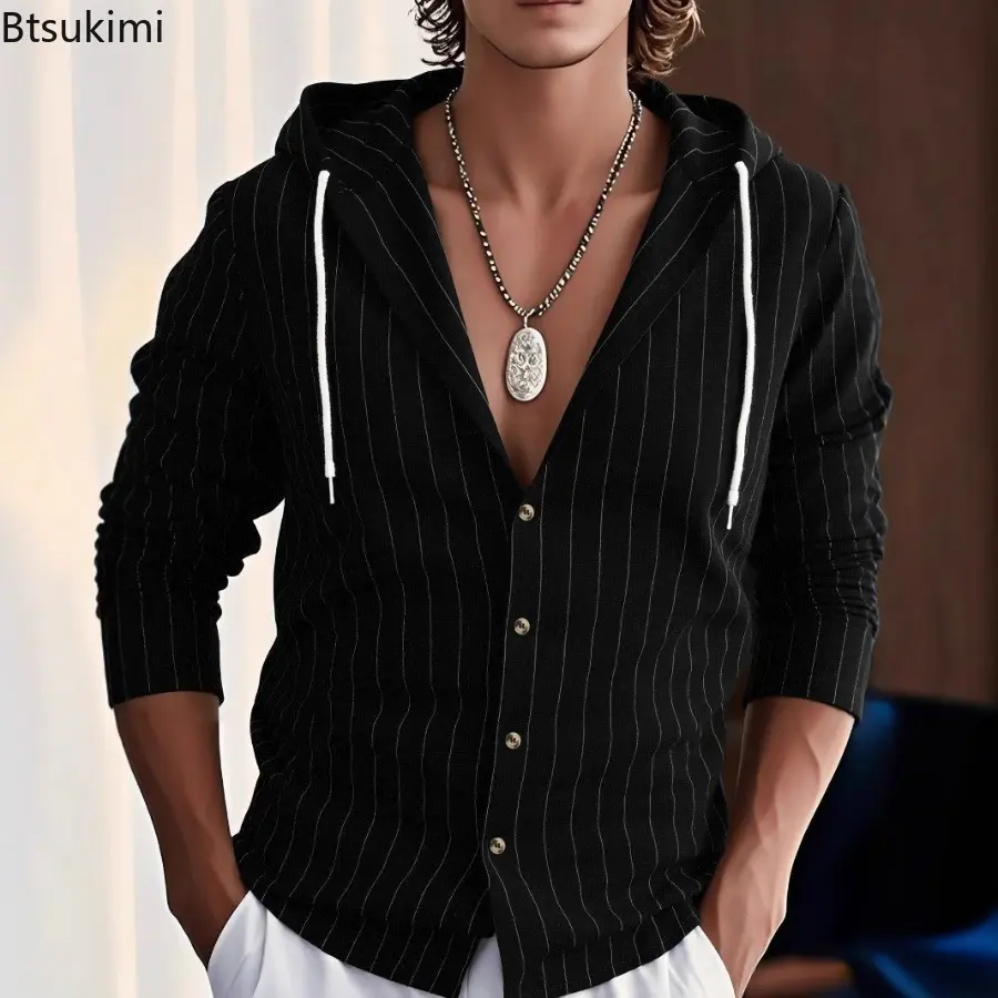 New 2025 Men's Hooded Cardigan Tops Retro Striped Printing Linen Shirts for Men Spring and Summer Casual Long Sleeve Shirt Male