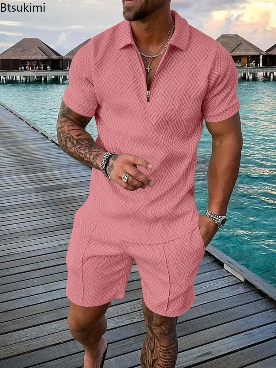 2025 Fashion Men Clothing Summer Casual Two-piece Sets Printing Solid Color Half Zipper Polo Shirt and Shorts Men's Sport Suits