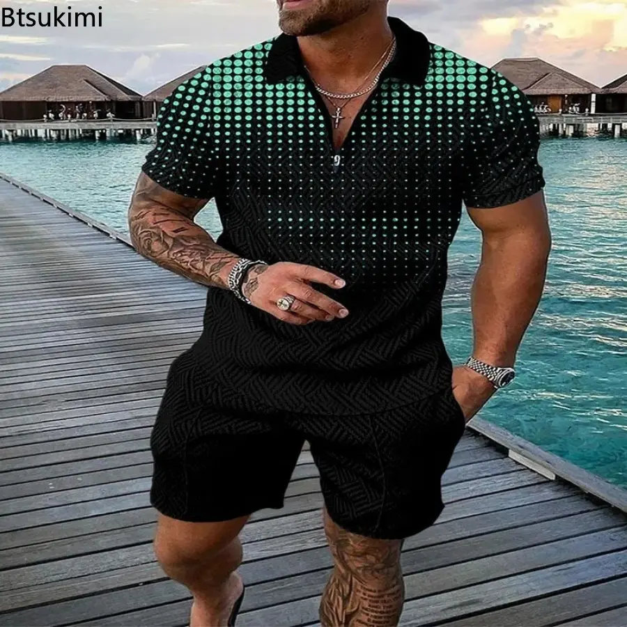 New Men's Trend 3D Print Two-pieces Summer Short Sleeve Polo Shirt Shorts Casual Suit Men Tracksuit Social Golf Outfit Oversized