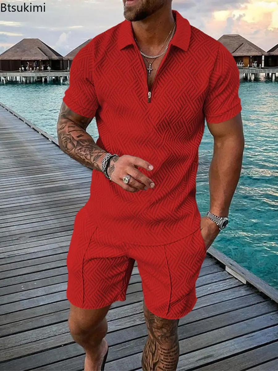 2025 Fashion Men Clothing Summer Casual Two-piece Sets Printing Solid Color Half Zipper Polo Shirt and Shorts Men's Sport Suits
