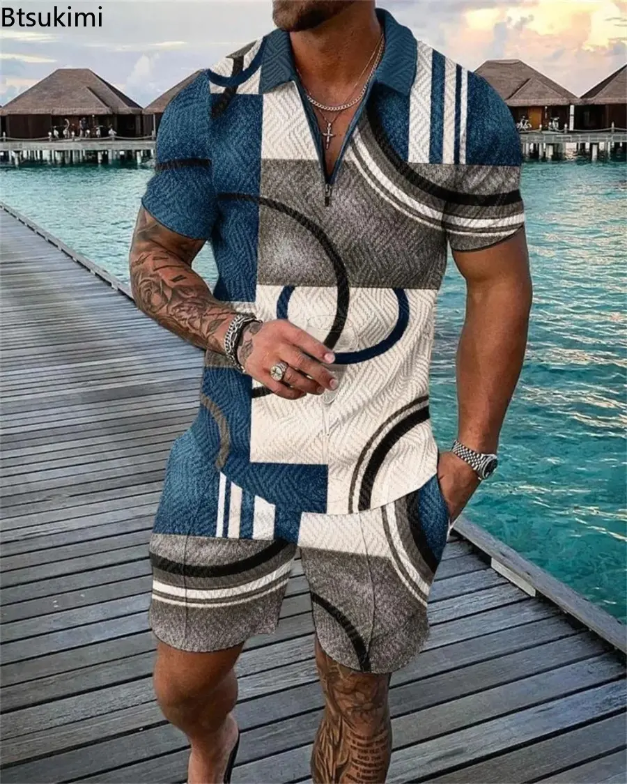 New Men's Trend 3D Print Two-pieces Summer Short Sleeve Polo Shirt Shorts Casual Suit Men Tracksuit Social Golf Outfit Oversized