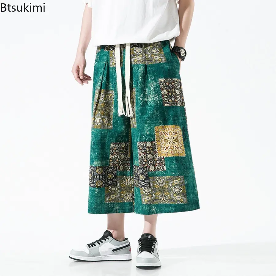 Fashion Men's Loose Casual Wide Leg Pants Streetwear Summer Chinese Style Printing Cotton Linen Drawstring Sweatpant for Men 5XL