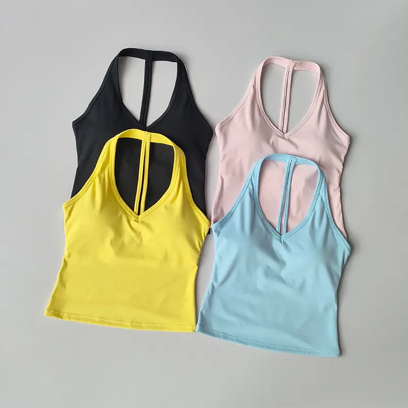 Seamless Yoga Vest with Chest Pad Halter Neck Beautiful Back Anti-shock Sports Underwear Outside Wearing Pilates Training Bra