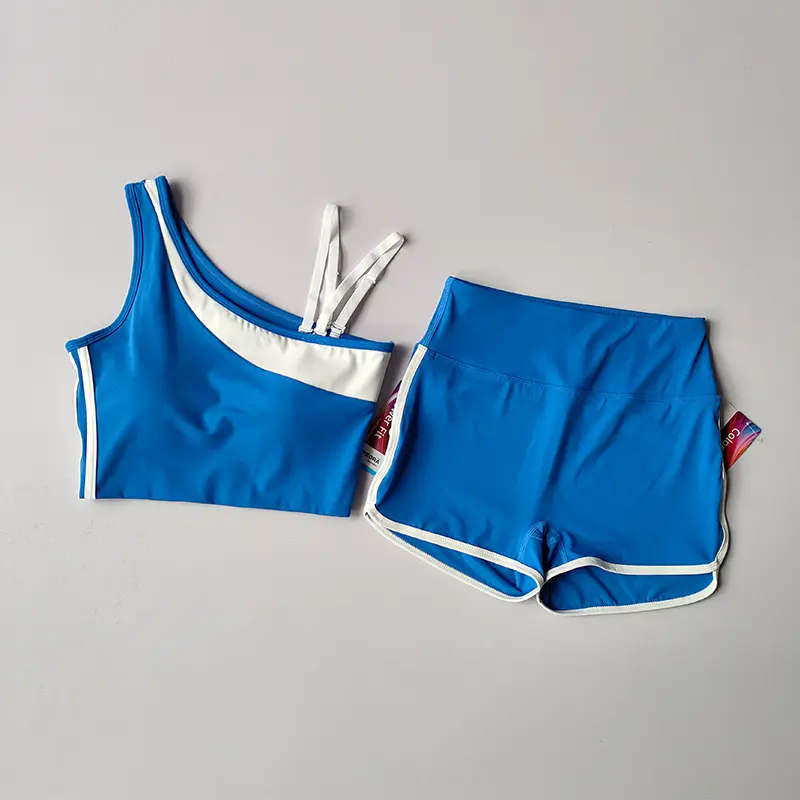 2pcs New Summer Contrasting Color Integrated Suspender Vest Sports Bra Shorts Yoga Suit Women's Fitness Casual Hot Pants Suit