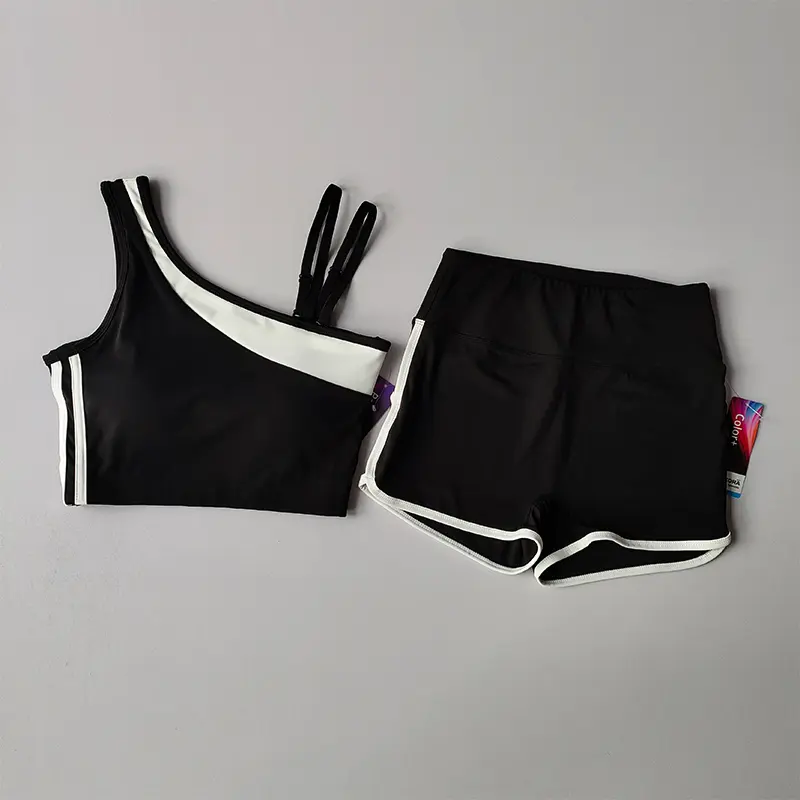 2pcs New Summer Contrasting Color Integrated Suspender Vest Sports Bra Shorts Yoga Suit Women's Fitness Casual Hot Pants Suit