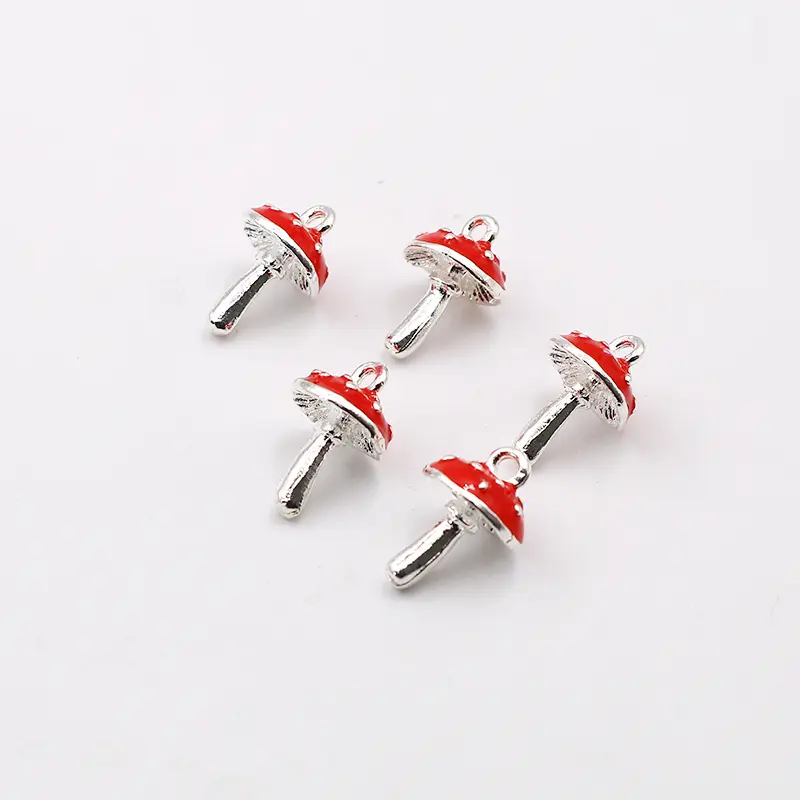 5 PCs 3D Red Enamel Mushroom Pendants Zinc Based Alloy Charms Silver Color  For Women DIY Making Necklace Jewelry 17mm x 11mm