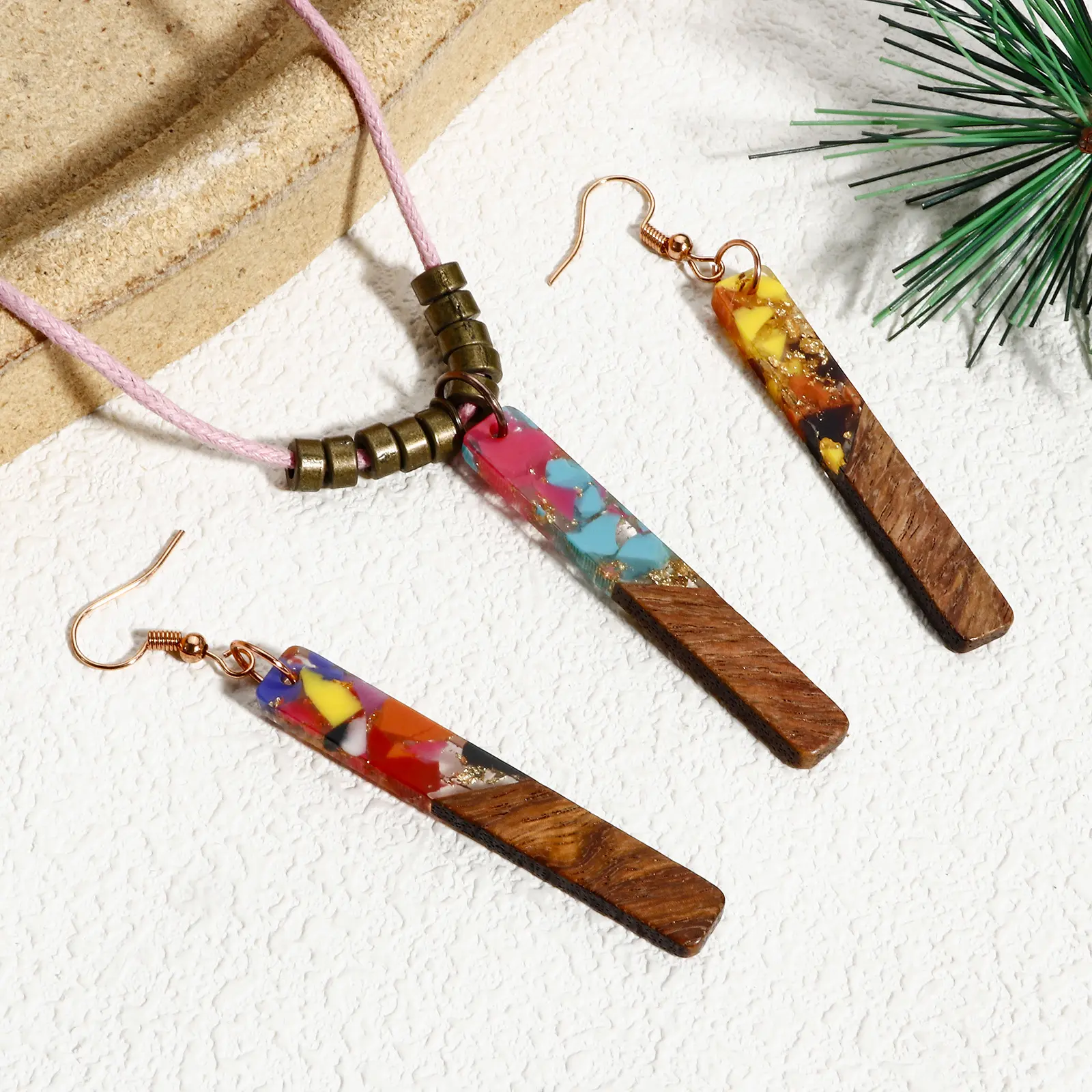 2 Pieces Geometric Long Strip Wooden Charms Splicing Resin Pendants For Earrings Keychain Necklace Diy Jewelry Making Findings