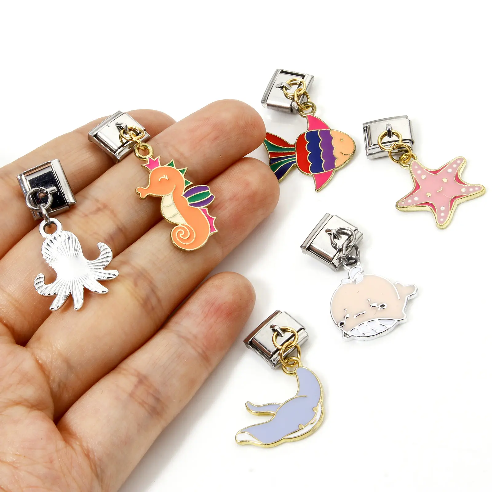 1 Piece Ocean Jewelry Italian Charm Links For DIY Bracelet Jewelry Making Fit 9mm Rectangle Enamel Stainless Steel 10mm x 9mm