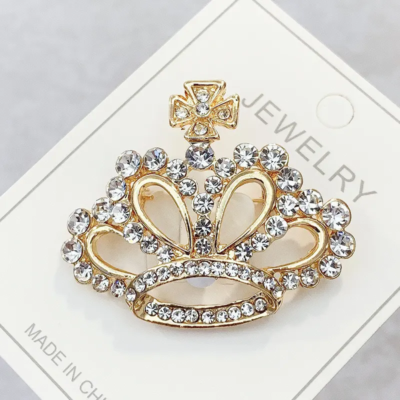 Fashion Crown Brooches Gold Color Silver Color Clear Rhinestone Pins Dress Decoration Buckle Badge Jewelry Accessories For Women