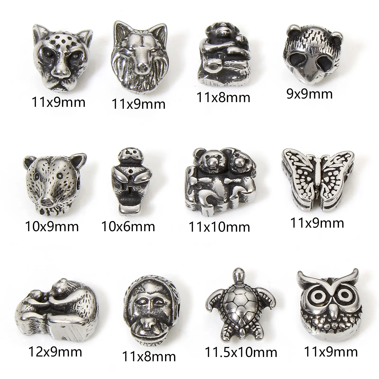 2 Pcs 304 Stainless Steel Animal Beads Owl Butterfly Panda Turtle For Diy Charm Jewelry Making Antique Silver Color Beads