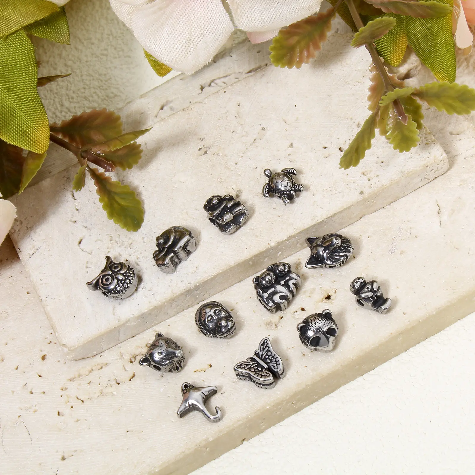 2 Pcs 304 Stainless Steel Animal Beads Owl Butterfly Panda Turtle For Diy Charm Jewelry Making Antique Silver Color Beads