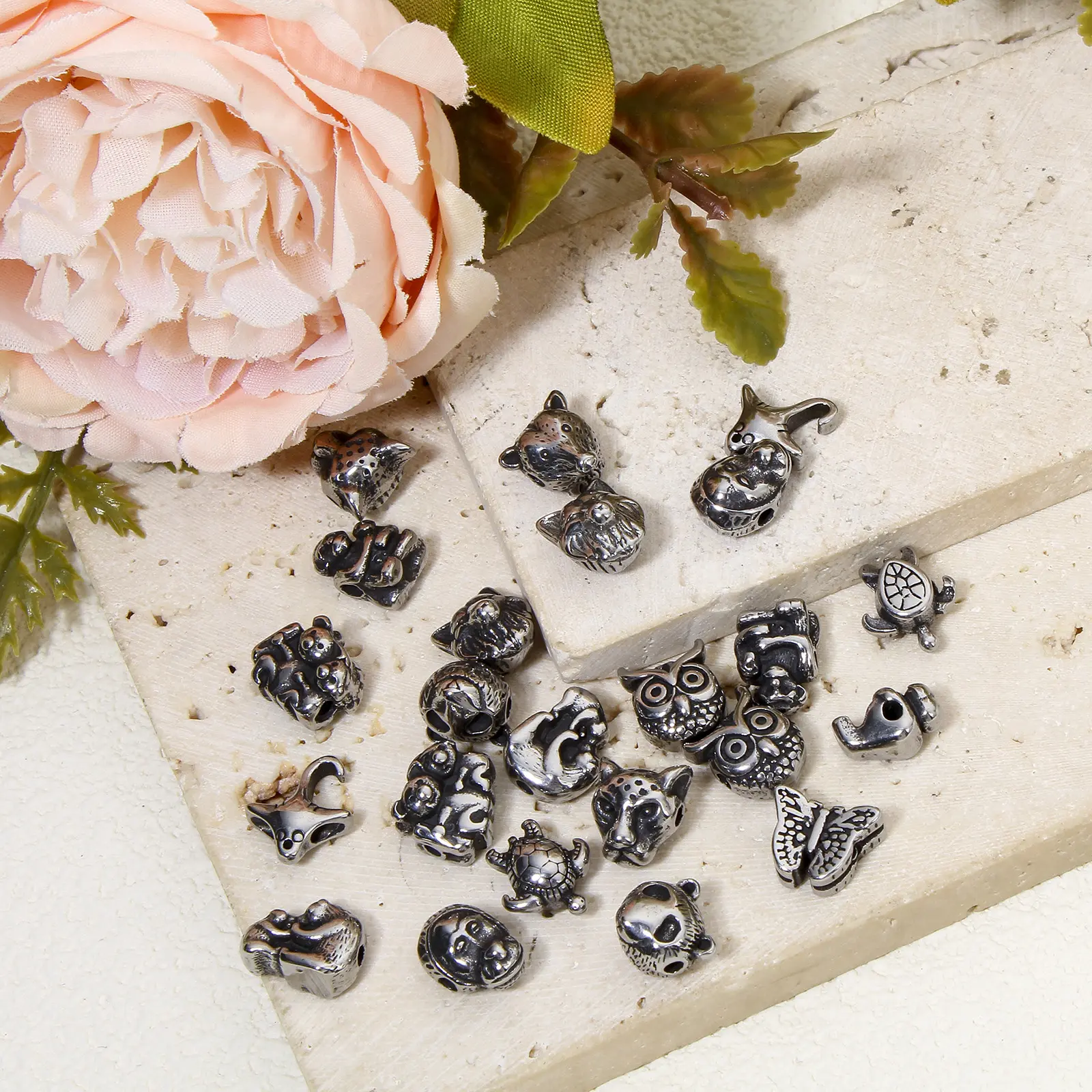 2 Pcs 304 Stainless Steel Animal Beads Owl Butterfly Panda Turtle For Diy Charm Jewelry Making Antique Silver Color Beads