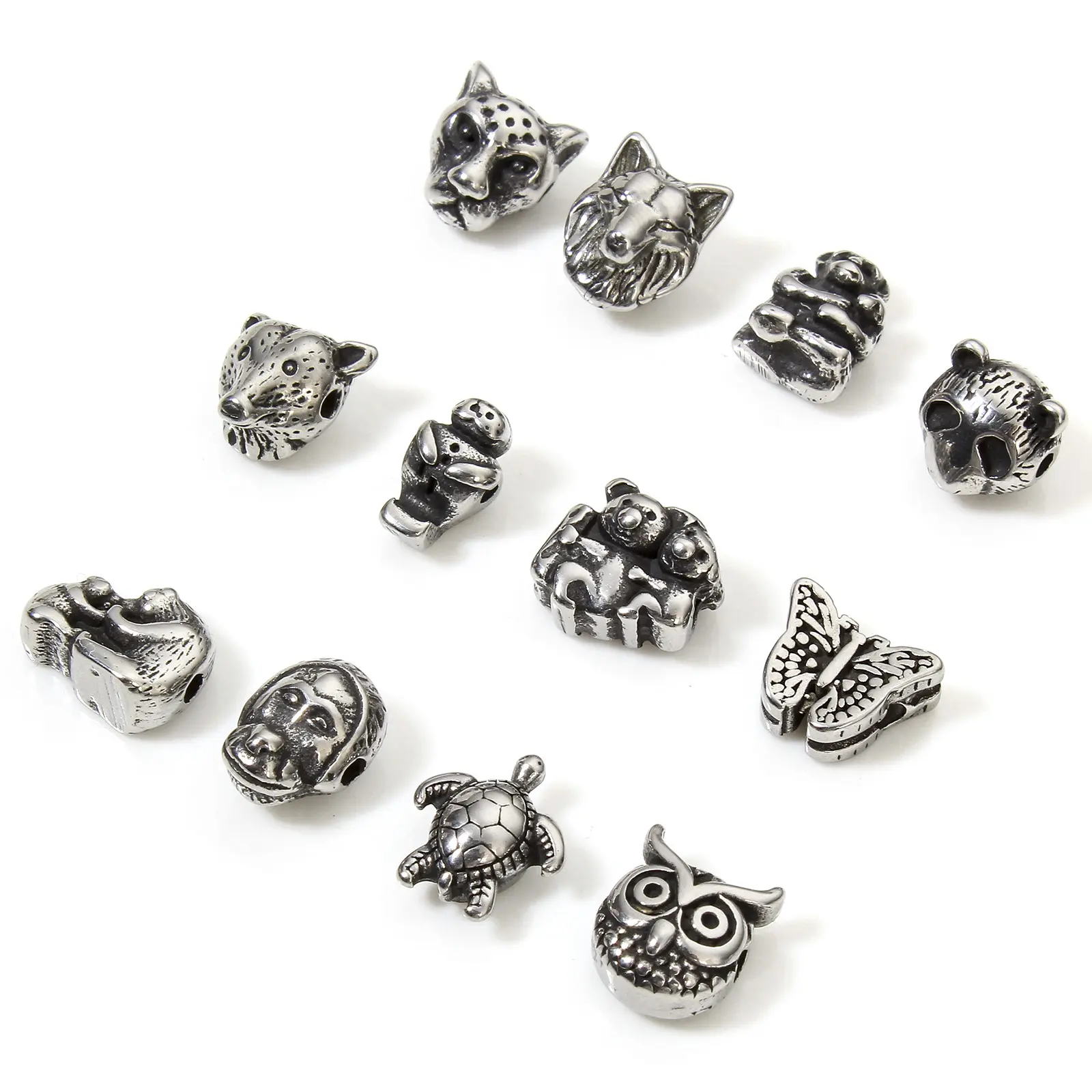 2 Pcs 304 Stainless Steel Animal Beads Owl Butterfly Panda Turtle For Diy Charm Jewelry Making Antique Silver Color Beads