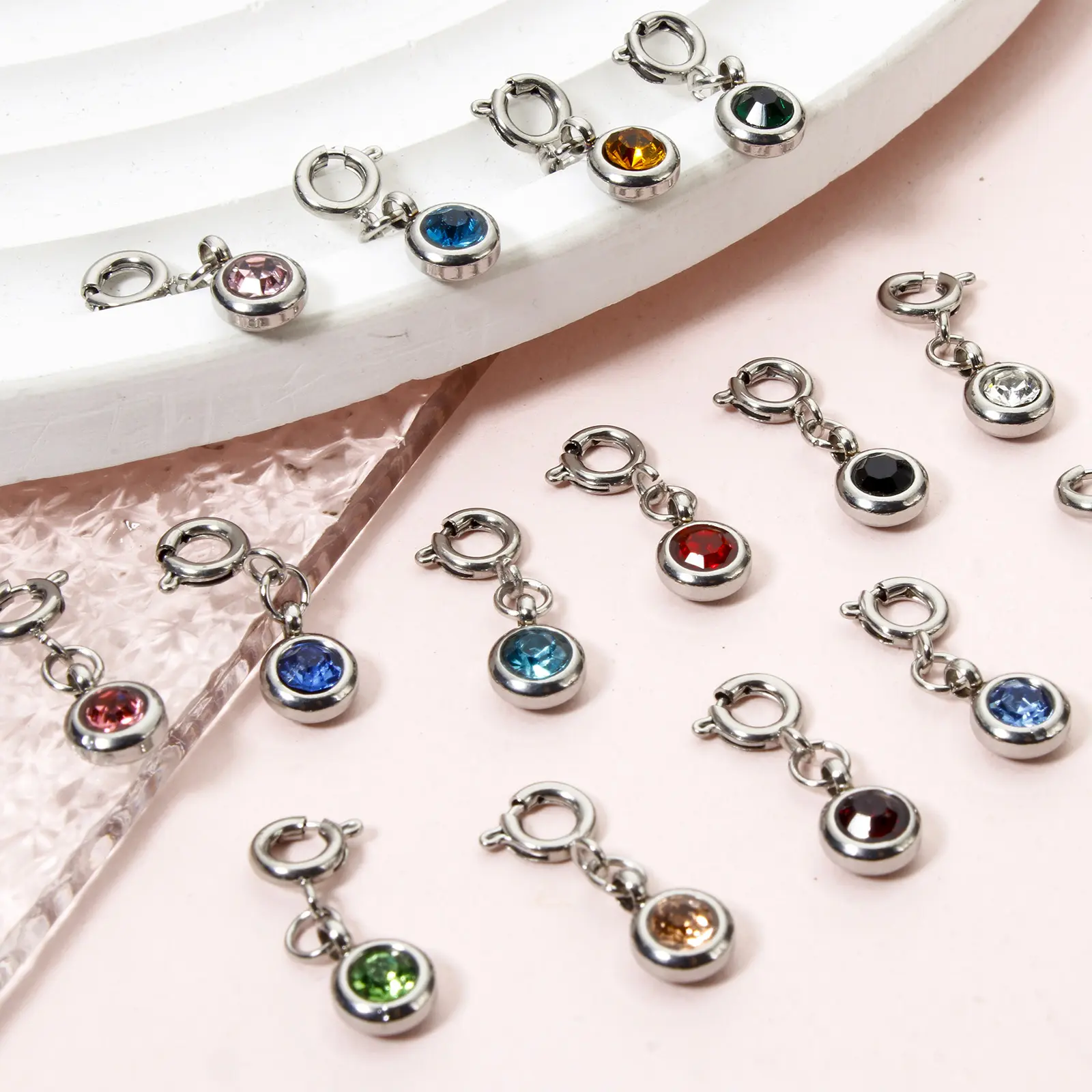 1 Piece Birthstone Clip On Earrings Charms 304 Stainless Steel Silver Color Round Pendant For Necklace DIY Making 20mm x 6.5mm