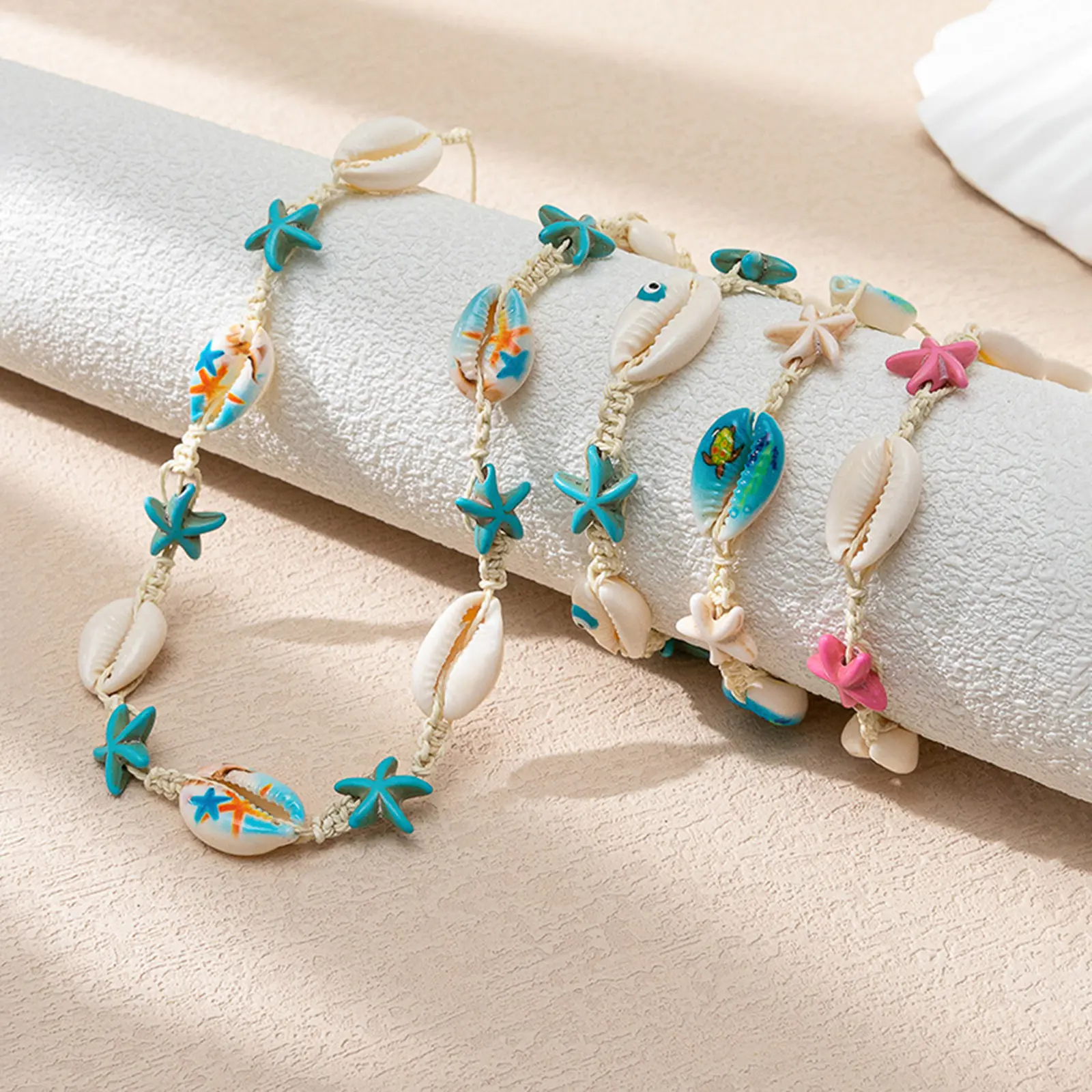 1Piece Shell Ocean Jewelry Braided Bracelets Blue Pink Star Fish Cross Adjustable Bracelet Summer Fashion Jewelry for Women Gift