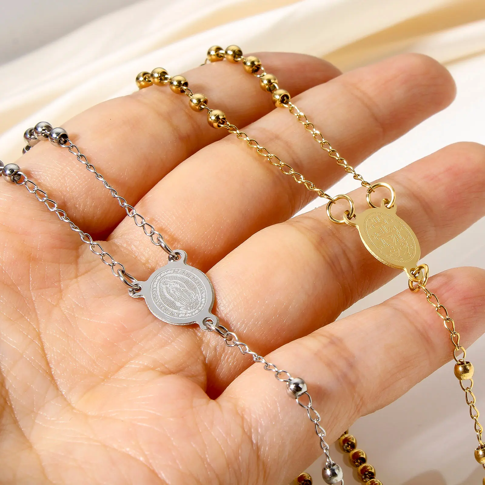 Stainless Steel Religious Link Cable Chain Necklace Cross Virgin Mary Prayer Beads For Women Gifts 49cm(19 2/8") long, 1 Piece